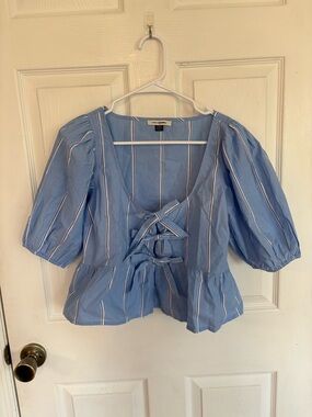 American Eagle Outfitters Light Blue & White Striped Tie-Front Peplum Top